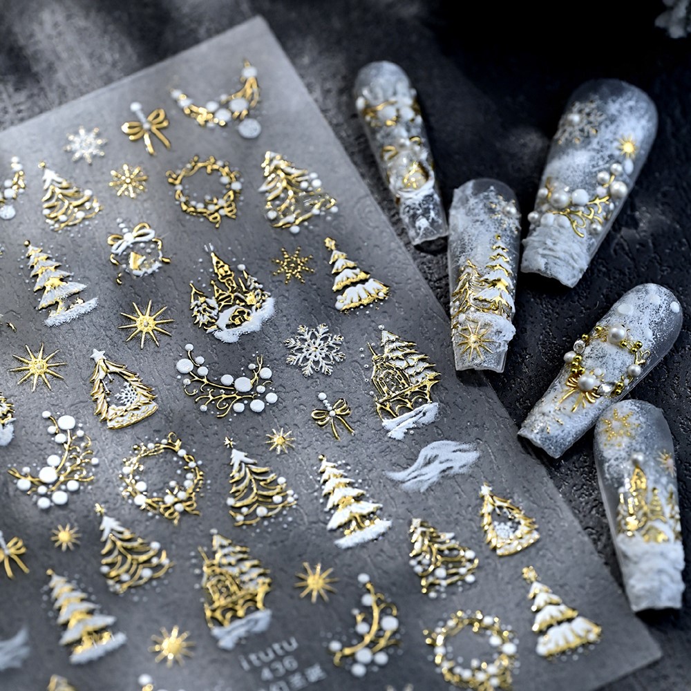 Nail Art Xmas - 5D 엠보싱 골드 성/가랜드/크리스마스 트리 네일