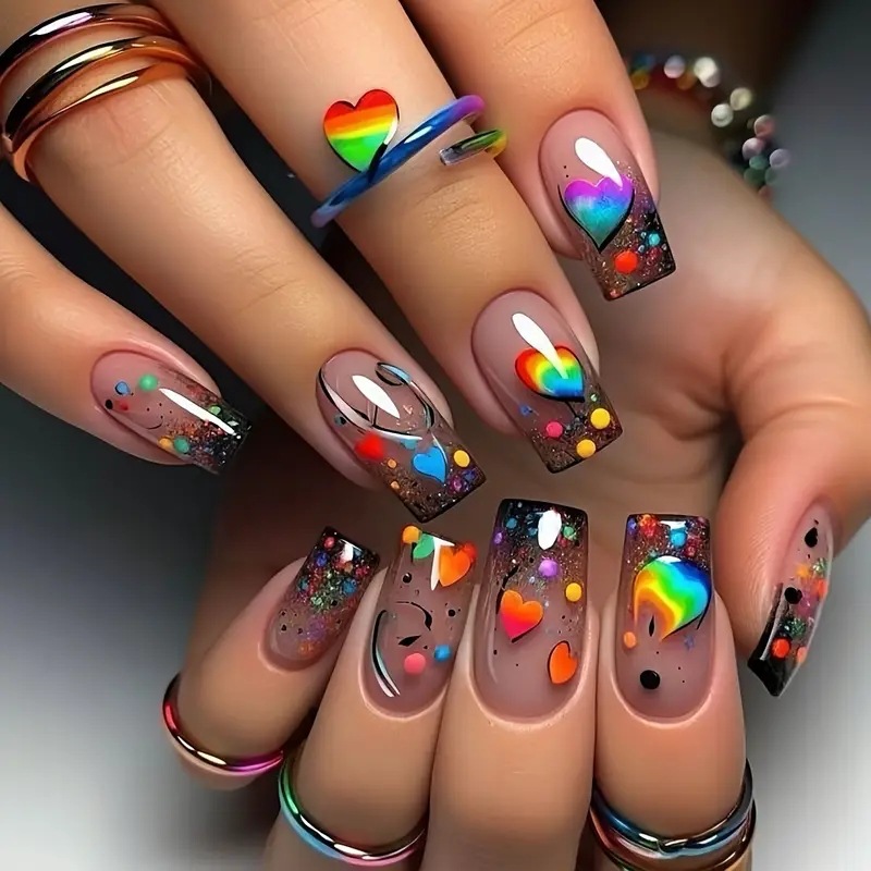 24개입 누드 프레스온 네일 짧은 스퀘어 모양 레인보우 - Nail Art Love 리뷰 및 가격
