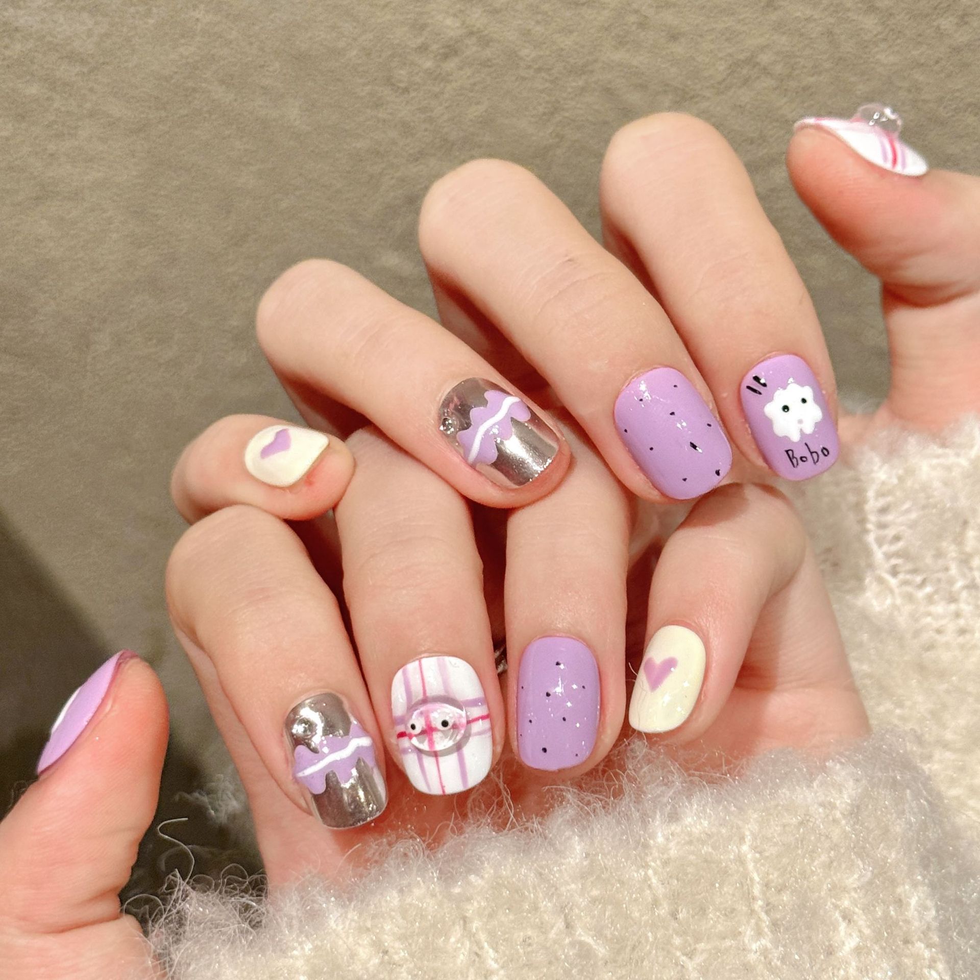 10개 수제 프레스드 숏 라운드 네일 아트, 보라색 재 - Nail Art Love 리뷰 및 가격